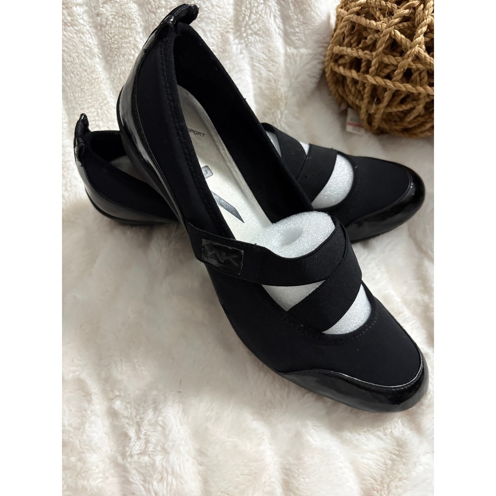 Anne Klein Sport Black Wedge Shoes Patent Accents Elastic Cross Strap Size 9